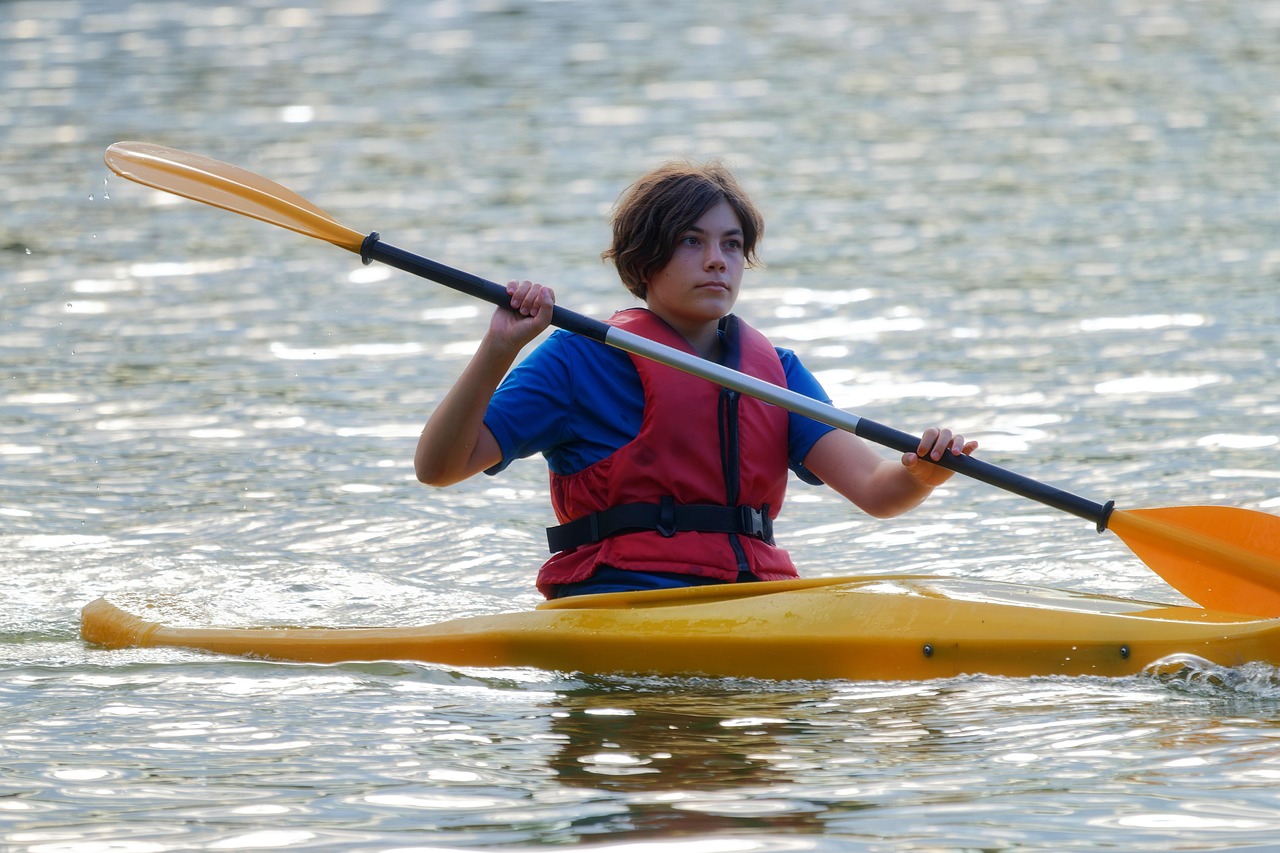 boy, nature, kayaking, rowing, lake, canoe, kayak, canoeing